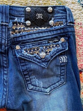 Miss Me Rhinestone Sequin Flap Pocket Bootcut Jeans